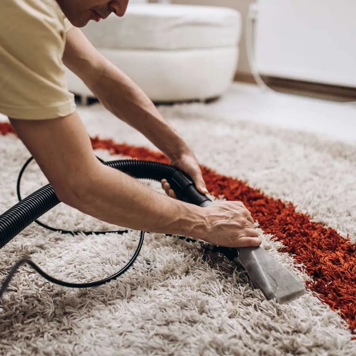 Cleaner deep cleaning a cream and red shag rug with a handheld extraction tool