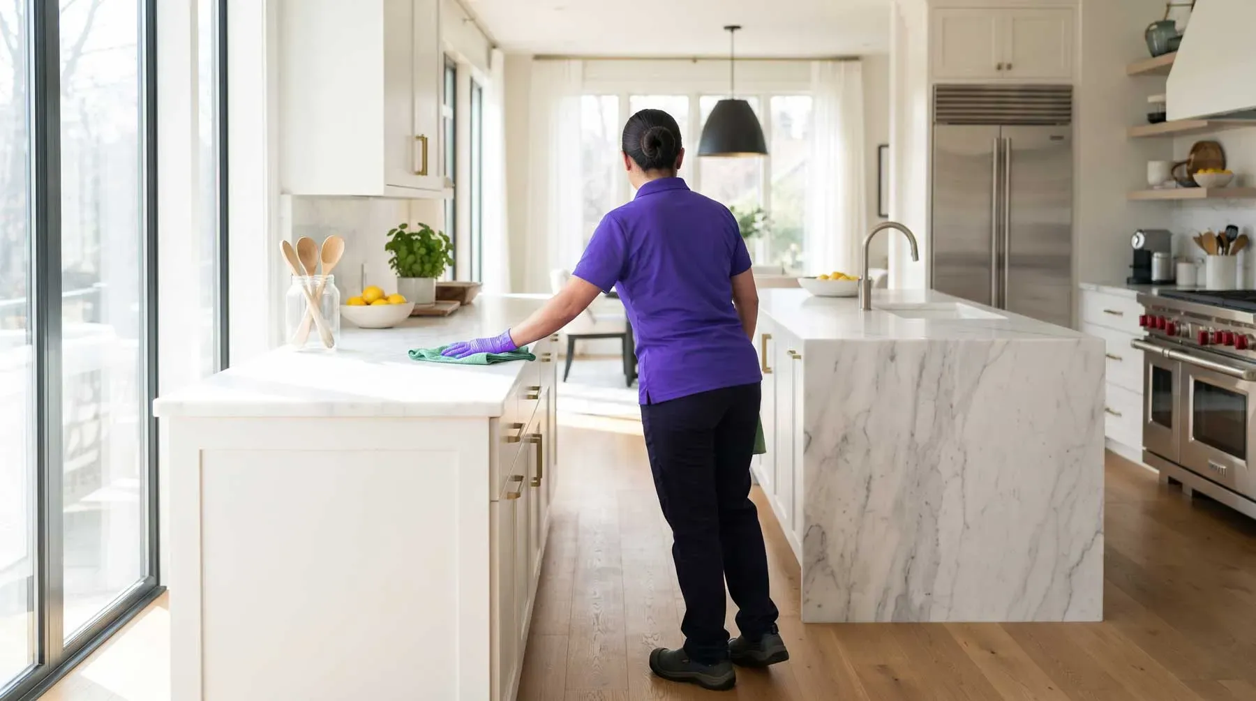 Professional house cleaner wiping a kitchen countertop with a microfiber cloth during residential cleaning.