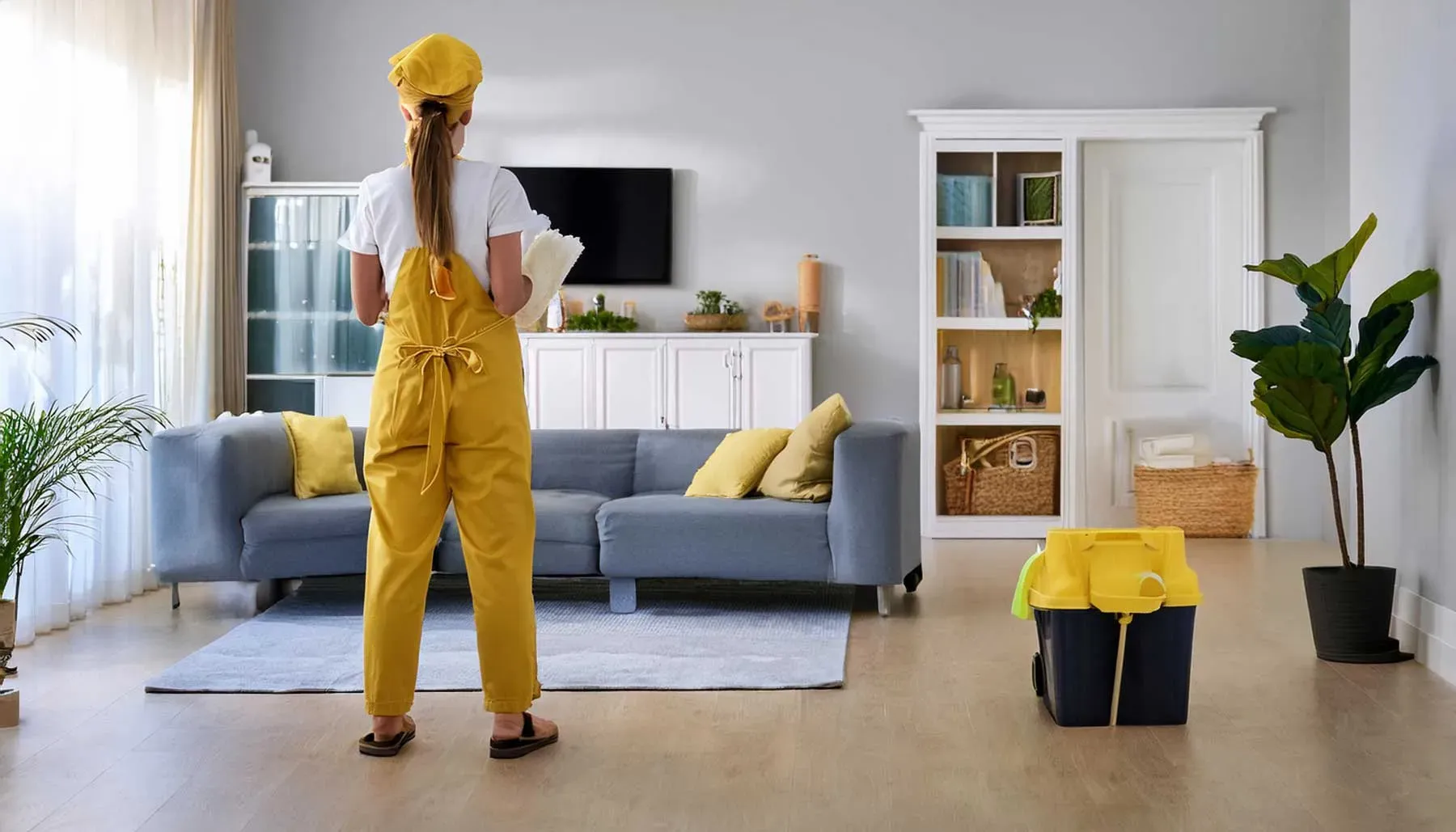 Professional house cleaner standing in a bright living room with cleaning supplies, preparing for residential cleaning.